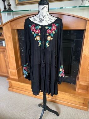 Free People Boho Embroidered Black Dress